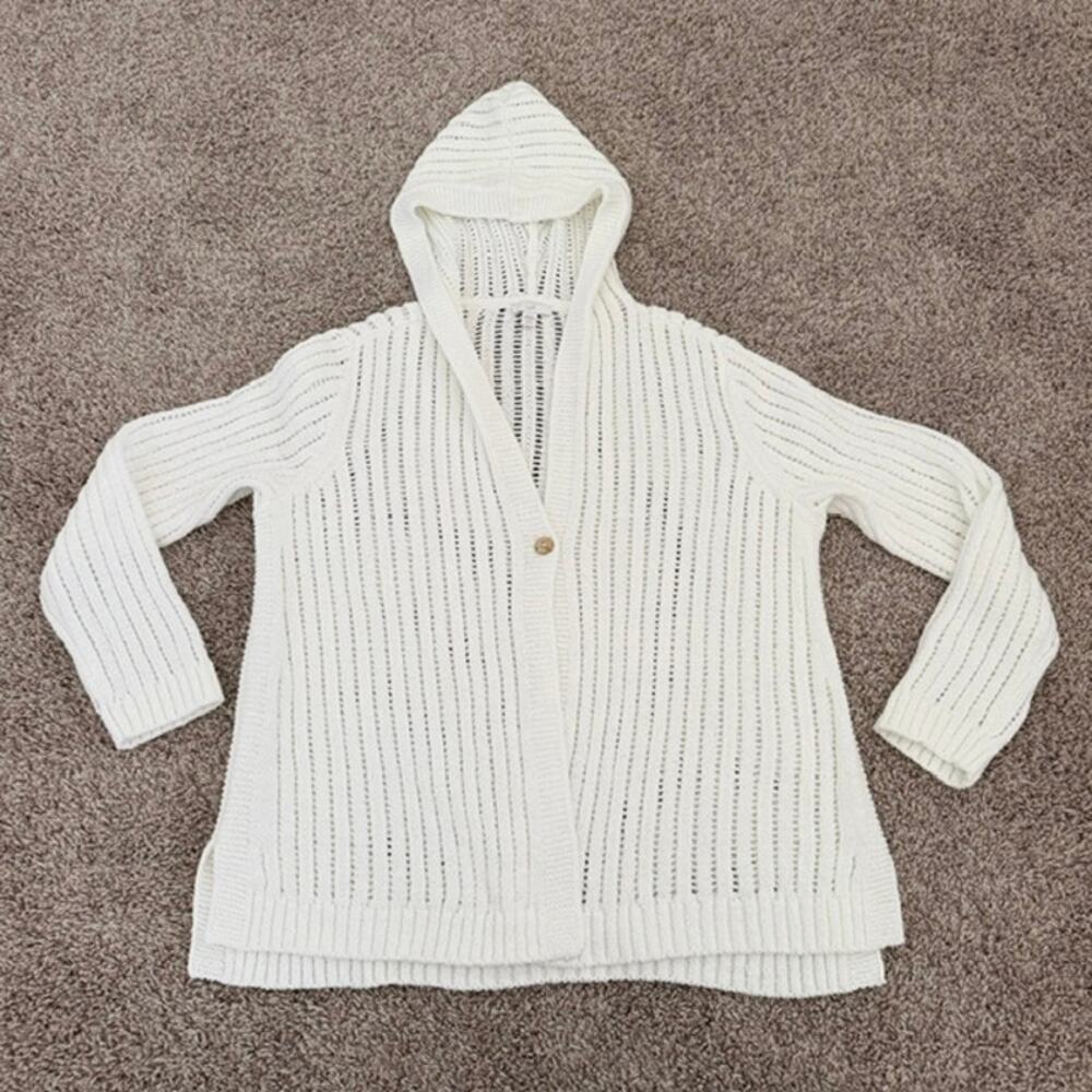 J. Jill Hooded Cardigan White Loose Knit Open Weave 1-Button Women Large Petite‎
